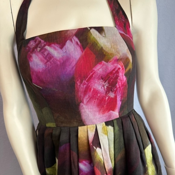 Kay Unger Floral Linen Silk Tie Neck Cocktail Dress - Picture 2 of 5